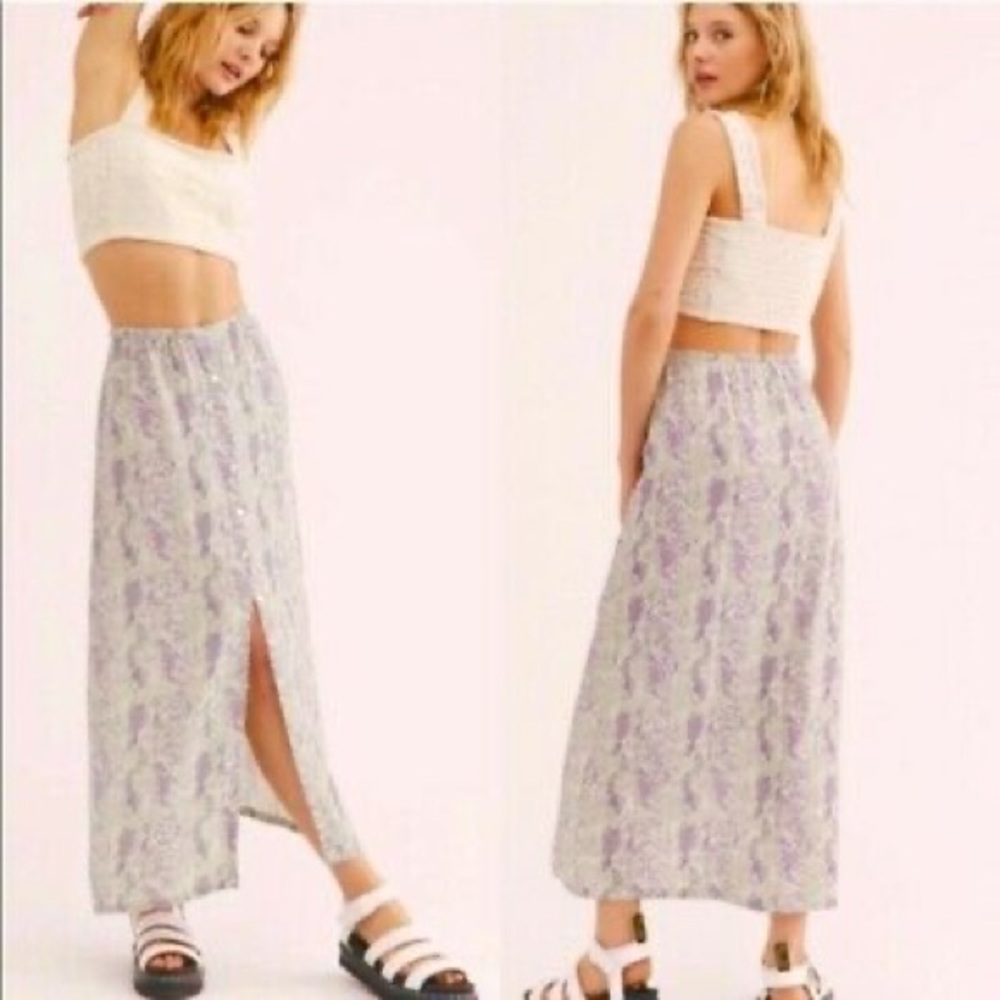 Free People Button Down Katie Maxi Skirt in Purple and Green Snake Print